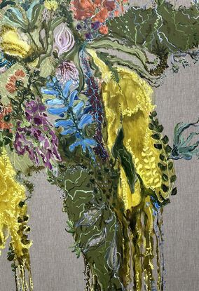  Bright Yellow  Flowers and foliage on Linen



