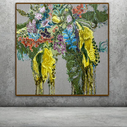  Bright Yellow  Flowers and foliage on Linen



