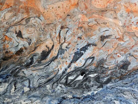 a maximalist artwork in orange, ochre, black and blue of the Binnalong Bay of Fire