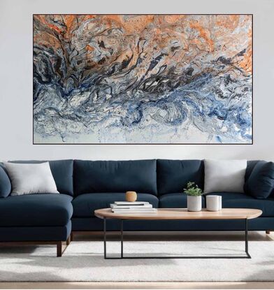 a maximalist artwork in orange, ochre, black and blue of the Binnalong Bay of Fire