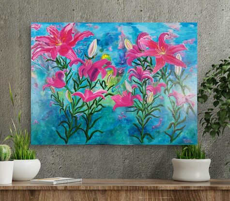 Lilies is a vibrant painting of pink lilies against a colourful abstract background of blues and greens with some touches of yellows and pink, creating a dreamy atmosphere. Texture was created using visible brushstrokes adding movement to the composition. I love how the painting has an overall feel of being lively and colourful.