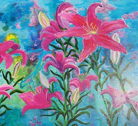 Lilies is a vibrant painting of pink lilies against a colourful abstract background of blues and greens with some touches of yellows and pink, creating a dreamy atmosphere. Texture was created using visible brushstrokes adding movement to the composition. I love how the painting has an overall feel of being lively and colourful.