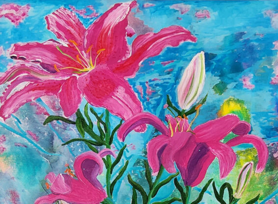 Lilies is a vibrant painting of pink lilies against a colourful abstract background of blues and greens with some touches of yellows and pink, creating a dreamy atmosphere. Texture was created using visible brushstrokes adding movement to the composition. I love how the painting has an overall feel of being lively and colourful.