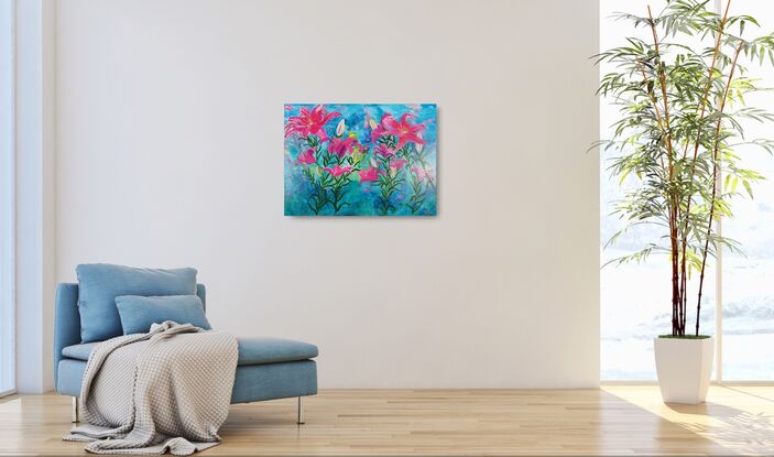 Lilies is a vibrant painting of pink lilies against a colourful abstract background of blues and greens with some touches of yellows and pink, creating a dreamy atmosphere. Texture was created using visible brushstrokes adding movement to the composition. I love how the painting has an overall feel of being lively and colourful.