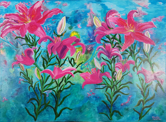 Lilies is a vibrant painting of pink lilies against a colourful abstract background of blues and greens with some touches of yellows and pink, creating a dreamy atmosphere. Texture was created using visible brushstrokes adding movement to the composition. I love how the painting has an overall feel of being lively and colourful.