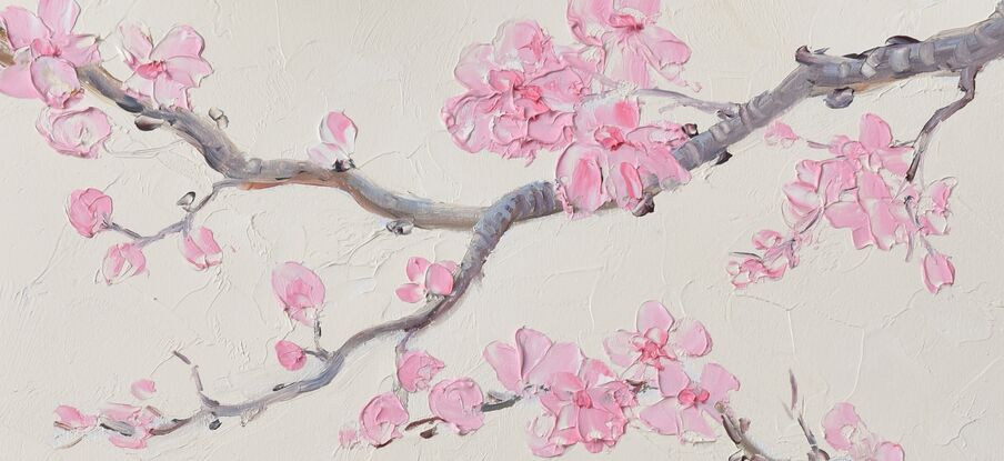 A thickly textured oil painting of a Silver Diamond Firetail Finch perched on a branch of pink Japanese Cherry Blossom. The small bird is a pale silver colour with red on its tail.