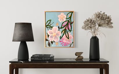 Pastel pink flowers with expressive foliage on a baby blue canvas. 