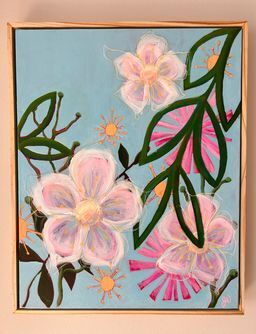 Pastel pink flowers with expressive foliage on a baby blue canvas. 