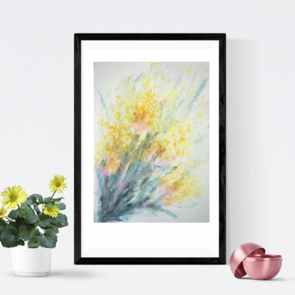 Golden wattle in watercolor painted in a loose, impressionistic style. 