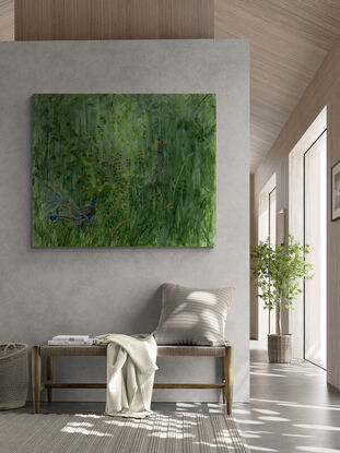 In this original painting by world renowned Australian artist Priya Gore; one male and one female Alberts lyre birds are painted against the backdrop of Queensland rainforest.