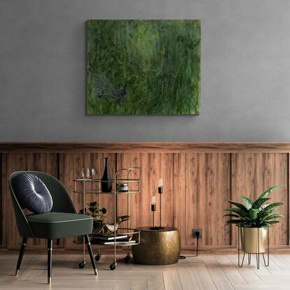 In this original painting by world renowned Australian artist Priya Gore; one male and one female Alberts lyre birds are painted against the backdrop of Queensland rainforest.