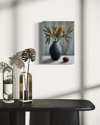 Still life with banksia and black vase. 
 
