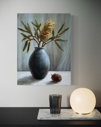 Still life with banksia and black vase. 
 
