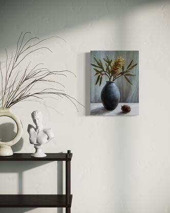 Still life with banksia and black vase. 
 
