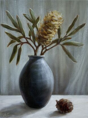 Still life with banksia and black vase. 
 
