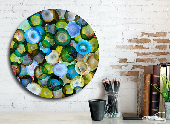 Round Art. Abstract painting with dots and organic forms reminiscent of science, the sea or underwater. Colourful with many layers of colour and floating forms. Green, emerald, blue, aqua , lemon, black and white. A unique mixing of original abstract art with microbiology and science. Cellular art. Jelly fish forms. Calming and peaceful. 