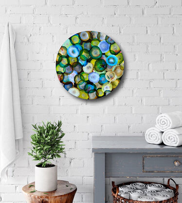 Round Art. Abstract painting with dots and organic forms reminiscent of science, the sea or underwater. Colourful with many layers of colour and floating forms. Green, emerald, blue, aqua , lemon, black and white. A unique mixing of original abstract art with microbiology and science. Cellular art. Jelly fish forms. Calming and peaceful. 