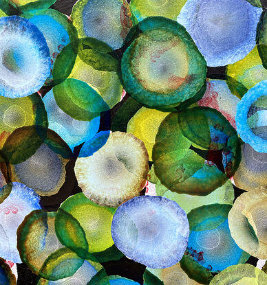 Round Art. Abstract painting with dots and organic forms reminiscent of science, the sea or underwater. Colourful with many layers of colour and floating forms. Green, emerald, blue, aqua , lemon, black and white. A unique mixing of original abstract art with microbiology and science. Cellular art. Jelly fish forms. Calming and peaceful. 