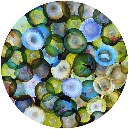 Round Art. Abstract painting with dots and organic forms reminiscent of science, the sea or underwater. Colourful with many layers of colour and floating forms. Green, emerald, blue, aqua , lemon, black and white. A unique mixing of original abstract art with microbiology and science. Cellular art. Jelly fish forms. Calming and peaceful. 