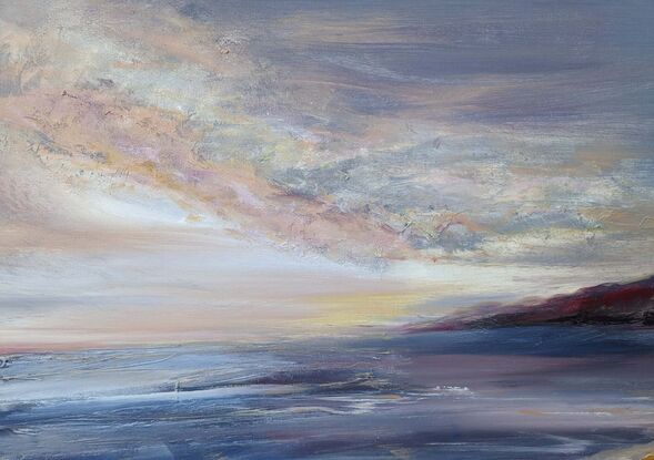 A seascape of mountains clouds drifting over an ocean. Highly textured  artwork in acrylic,