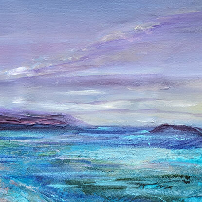 A seascape of mountains clouds drifting over an ocean. Highly textured  artwork in acrylic,