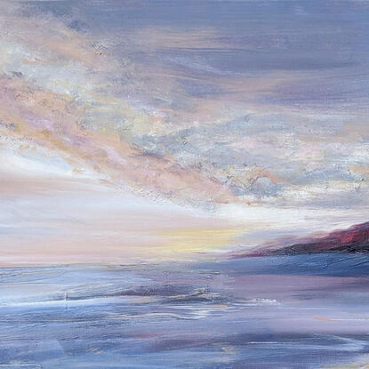 A seascape of mountains clouds drifting over an ocean. Highly textured  artwork in acrylic,