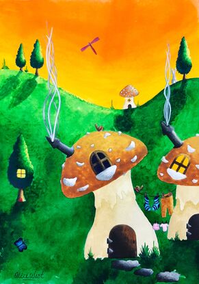 Fantasy watercolour painting with mushroom houses  and chimney tops, rolling green hill, birds, cute clothes line and stripy socks.