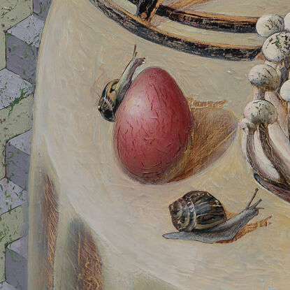 A still life composition featuring a wooden horse toy, mushrooms, a red-painted egg, and three snails. A large moth sits on the background wall.