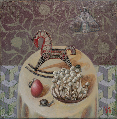 A still life composition featuring a wooden horse toy, mushrooms, a red-painted egg, and three snails. A large moth sits on the background wall.