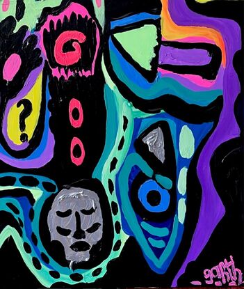 A mint green face with wide eyes surrounded by bright abstract shapes in yellow, orange purple blue and black.