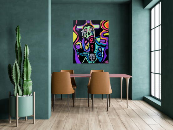 A mint green face with wide eyes surrounded by bright abstract shapes in yellow, orange purple blue and black.