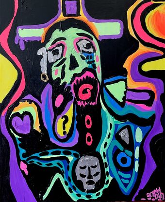 A mint green face with wide eyes surrounded by bright abstract shapes in yellow, orange purple blue and black.