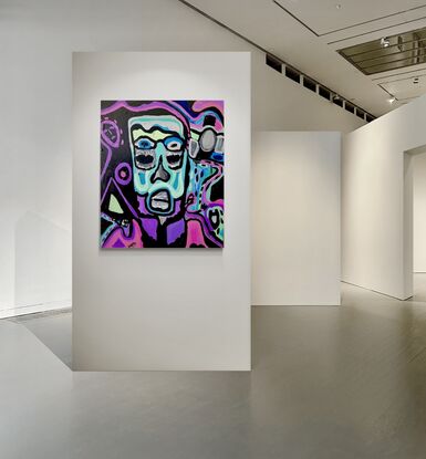 A large face fills the canvas. Painted with broad brushstrokes in mint, pink, purple and black.