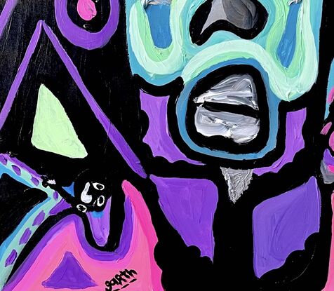 A large face fills the canvas. Painted with broad brushstrokes in mint, pink, purple and black.