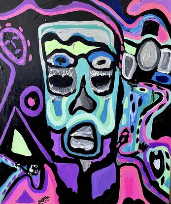 A large face fills the canvas. Painted with broad brushstrokes in mint, pink, purple and black.