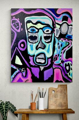 A large face fills the canvas. Painted with broad brushstrokes in mint, pink, purple and black.