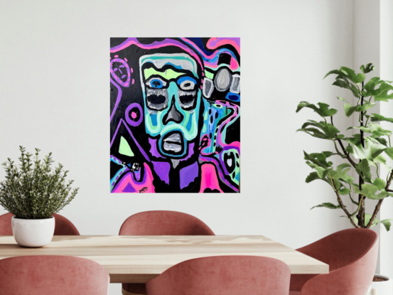 A large face fills the canvas. Painted with broad brushstrokes in mint, pink, purple and black.