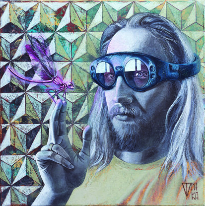 A bearded man with long blond hair is wearing hologram glasses. The man's right eye has two irises and pupils. He raises his right hand, and a pink glowing dragonfly is sitting on his fingers.