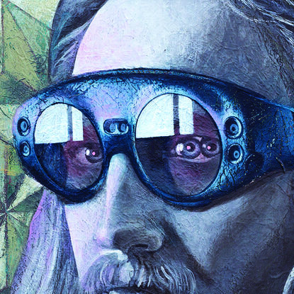 A bearded man with long blond hair is wearing hologram glasses. The man's right eye has two irises and pupils. He raises his right hand, and a pink glowing dragonfly is sitting on his fingers.