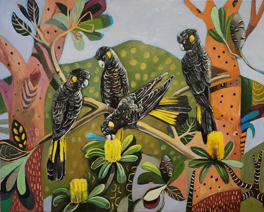 Black Cockatoos with Banksia on an abstract background.