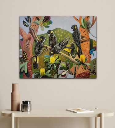 Black Cockatoos with Banksia on an abstract background.