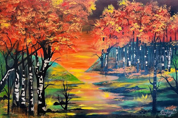 The image is a vibrant and striking acrylic painting depicting a scene at night during autumn. The colours used are bright acrylic orange pink and yellow, with forrest green landscape capturing a beautiful contrast from dark to light. In the center of the painting, there is a silhouette capturing the essence of the season with bright yellow and pink fluorescent accents. The reflection of these colours over the lake adds a mesmerising touch to the artwork. This one-off painting comes with a certificate of authenticity, ready to hang , ensuring its unique and original nature. It captures the beauty and serenity of a nighttime autumn scene, making it a captivating piece of art.