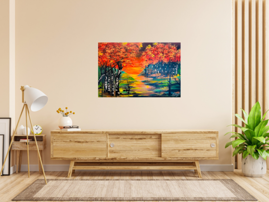 The image is a vibrant and striking acrylic painting depicting a scene at night during autumn. The colours used are bright acrylic orange pink and yellow, with forrest green landscape capturing a beautiful contrast from dark to light. In the center of the painting, there is a silhouette capturing the essence of the season with bright yellow and pink fluorescent accents. The reflection of these colours over the lake adds a mesmerising touch to the artwork. This one-off painting comes with a certificate of authenticity, ready to hang , ensuring its unique and original nature. It captures the beauty and serenity of a nighttime autumn scene, making it a captivating piece of art.