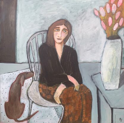 The painting depicts a woman seated on an armchair. There is a brown dog beside her and a table with a vase of flowers. 