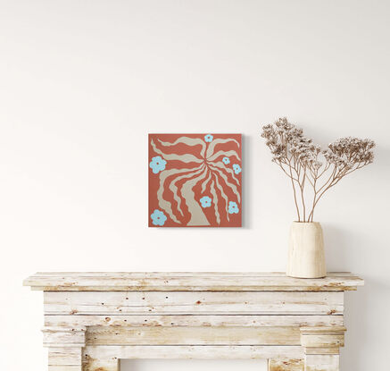 Abstract Blossom Tree on peach background. Square painting. Blue Flowers on a Tree.