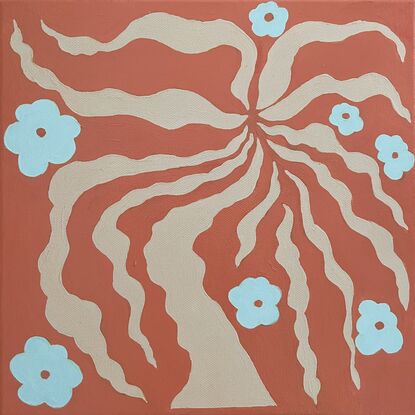 Abstract Blossom Tree on peach background. Square painting. Blue Flowers on a Tree.