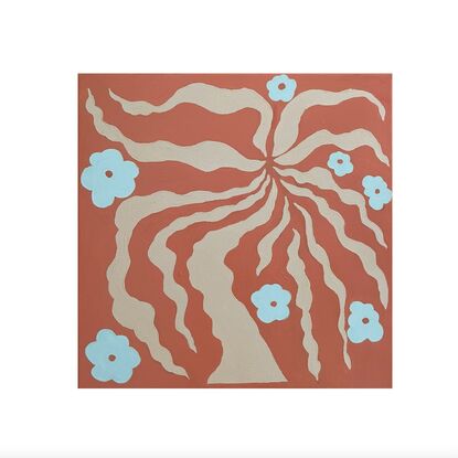 Abstract Blossom Tree on peach background. Square painting. Blue Flowers on a Tree.