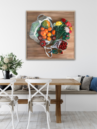 Large-scale oil painting of Fruit and flowers laying on a table. 