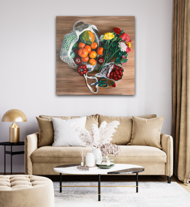 Large-scale oil painting of Fruit and flowers laying on a table. 