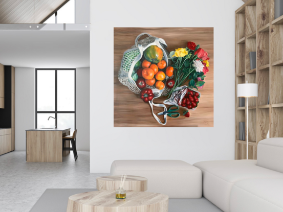 Large-scale oil painting of Fruit and flowers laying on a table. 